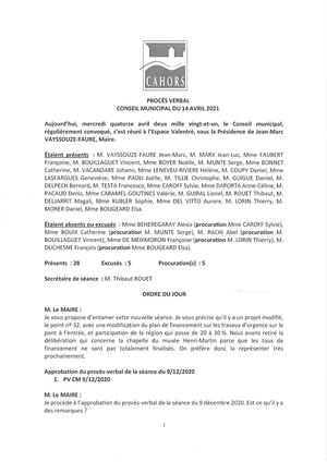 Procès verbal du conseil municipal - Séance du 14 04 2021