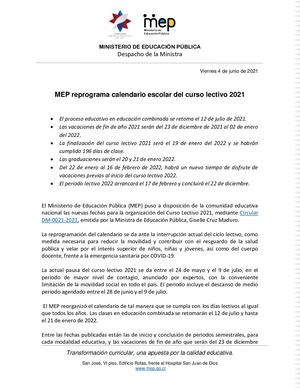 COMUNICADO Reprogramacion De Calendario Escolar 2021