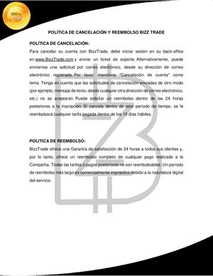 POLÍTICA DE CANCELACIÓN Y REEMBOLSO BIZZ TRADE