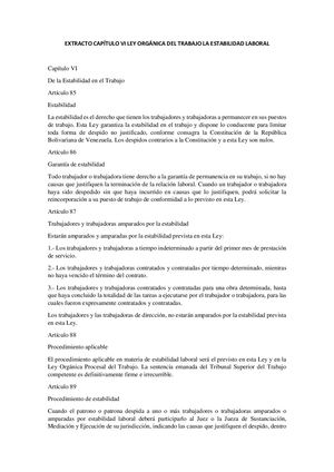 Extracto Capítulo VI Ley Orgánica del Trabajo La Estabilidad Laboral