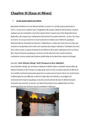 Analyse: Les Eaux et les Rêves (chapitre III), La Psychanalyse du Feu (Chapitre II), Bachelard.