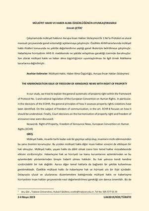 Mülkiyet Hakkı Ve Haber Alma ÖZgürlüğünün Uyumlaştırılması Sorunu Tam Metin