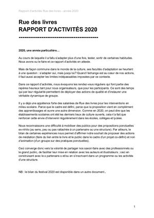 Rapport d'activités 2020 de l'association Rue des livres