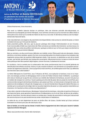Lettre de Arthur et Basile DEVEDJIAN, co-pésidents du comité de soutien