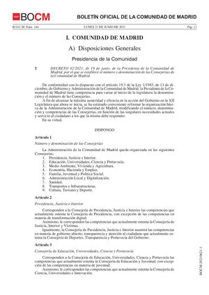 DECRETO 42/2021  DENOMINACIÓN CONSEJERÍAS COMUNIDAD DE MADRID.