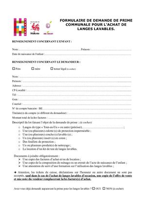 Formulaire de demande de prime langes lavables