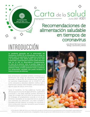 Carta De La Salud Jun 2021 - Recomendaciones de alimentación  saludable en tiempos de coronavirus