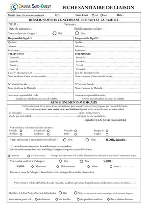 Fiche Sanitaire De Liaison