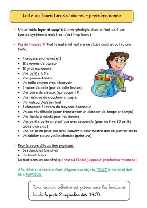 Matériel rentrée 1° année