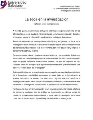 Importancia De La Etica En La Investigacion
