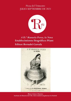 Pieza del tercer trimestre de 2021: “A Dª Manuela Perea, la Nena”. Establecimiento litográfico Péant. Editor: B. Carrafa.