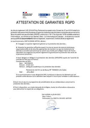 GRETA Grand Artois Attestation De Garanties Rgpd