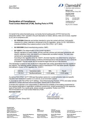 Damstahl Declaration of Compliance PTFE