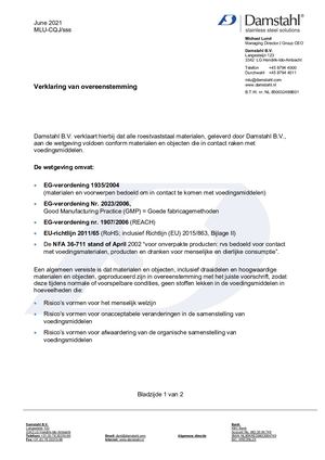Damstahl B.V. - Verklaring van overeenstemming