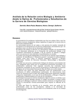 04. Análisis De La Relación Entre Biología Y Ambiente Desde La Óptica De Profesionales Y Estudiantes De La Carrera De Ciencias Biológicas Autor María Paula Darwich, Héctor Massone Y Guillermo Denegri