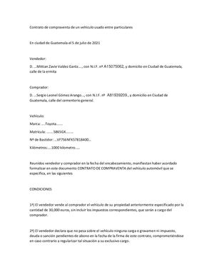 Contrato De Compraventa De Un Vehículo Usado Entre Particulares