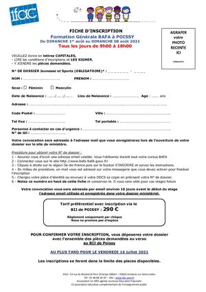Fiche Inscription BAFA  FG -IFAC- Poissy Juillet 2021