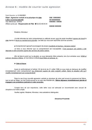 Annexe 6 Modèle De Courrier Suite Agression