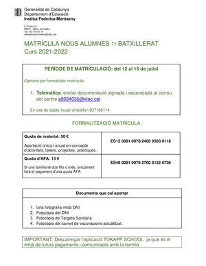 Matriculació 1r Batxillerat