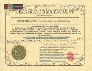 Certificate of Achievement for Anes Aabab Shepses from At-sik-hata :Nation of Yamassee Moors