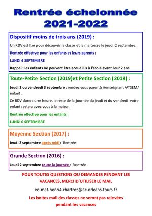 Rentrée éChelonnée 2021 2022