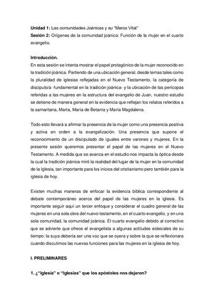 U1 S2 Orígenes De La Comunidad Joánica Función De La Mujer En El Cuarto Evangelio