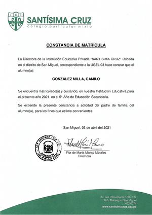 Constancia De Estudios González Milla, Camilo