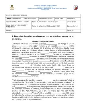 Guia N° 1 Segundo Semestre Sexto Sinónimos Y Antónimos