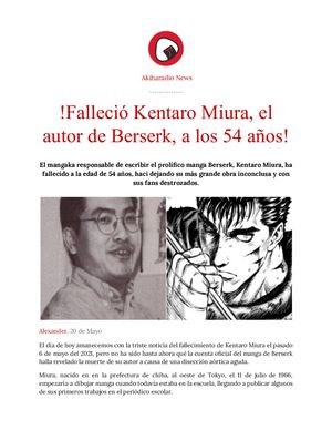 ¡Falleció Kentaro Miura, el creador de Berserk, a los 54 años!