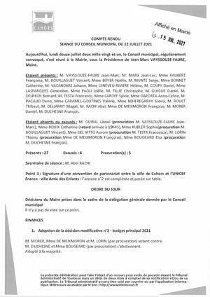 Consulter la séance du Conseil municipal de la Ville de Cahors du 12 juillet 2021