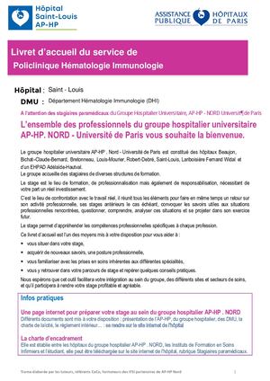 APHP. NORD Livret D'accueil Stagiares Policlinique Hématologie Immunologie  SAINT LOUIS - Vok V2