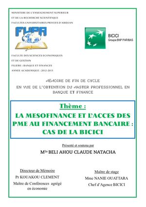 La mesofinance et l'accès des PME au financement bancaire : cas de la BICICI