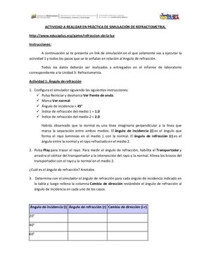 Actividad A Realizar En Práctica De Simulación De Refractometria