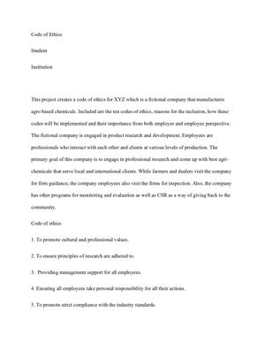 This Project Creates A Code Of Ethics For Xyz Which Is A Fictional Company That Manufactures Agro Based Chemicals
