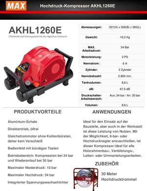 AKHL1260E MAX EUROPE KOMPRESSOR FÜR ZIMMEREIN UND DACHDECKER. AKHL1260E KOMPRESSOR FÜR ALLE HOLZBEARBEITER. HOCHDRUCKKOMPRESSOR 34B 2 TANKS