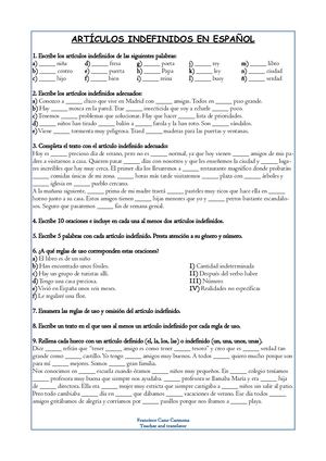 Artículos indefinidos en español - Ejercicios
