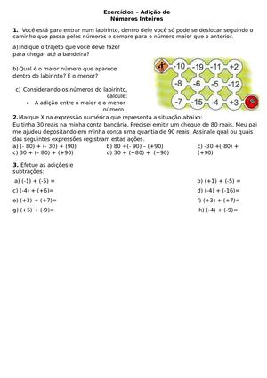 Exercícios Adição De Números Inteiros