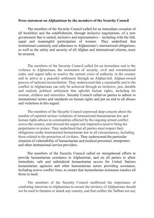 Press Statement On Afghanistan By The Members Of The Security Council