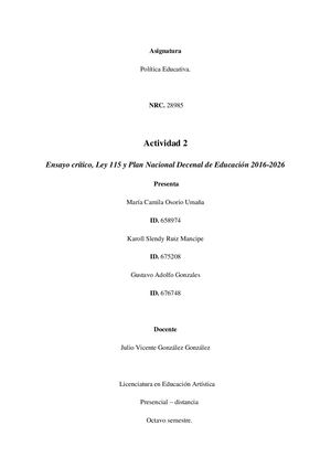 Ensayo Crítico, Ley 115 Y Plan Nacional Decenal De Educación 2016 2026