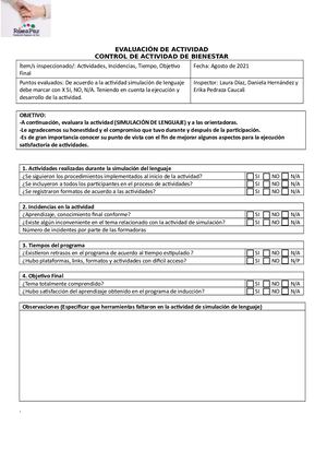 Formato De Evaluación Bienestar