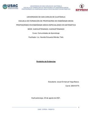 Portafolio De Evidencias, Comunidades De Aprendizaje, Josué Enmanuel Vega Baeza 200419775