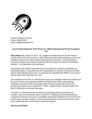 Launch Potato Inc 5000 Fastest Growing Private Companies List Third Time