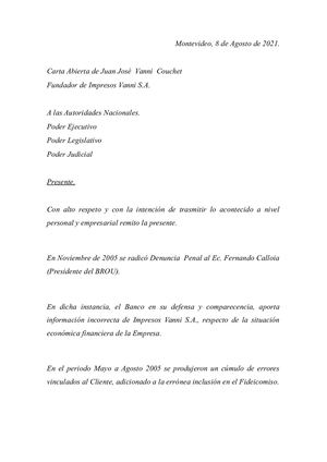 Carta Abierta de Juan José  Vanni  Couchet Fundador de Impresos Vanni S.A.  A las Autoridades Nacionales.  Poder Ejecutivo Poder Legislativo Poder Judicial