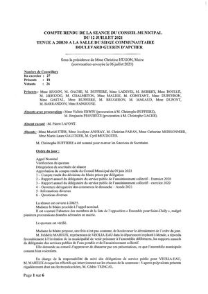 Compte Rendu Conseil Municipal 12 Juillet 2021