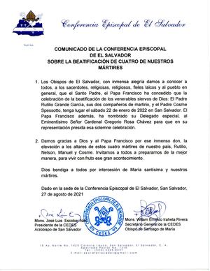 Comunicado Cedes Beatificación Cuatro Mártires