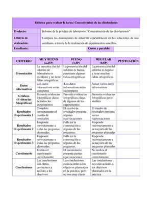 Rúbrica Concentración De Las Disoluciones