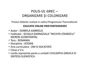 Polis-ul  Grec Organizare ȘI Colonizare