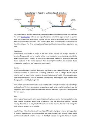 Capacitance Vs Resistive Vs Piezo Touch Switches