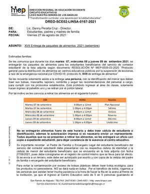 Circular 167 Entrega Alimentos XVII Setiembre