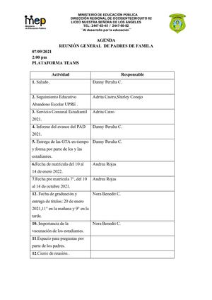 Agenda Reunión General De Padres De Familia